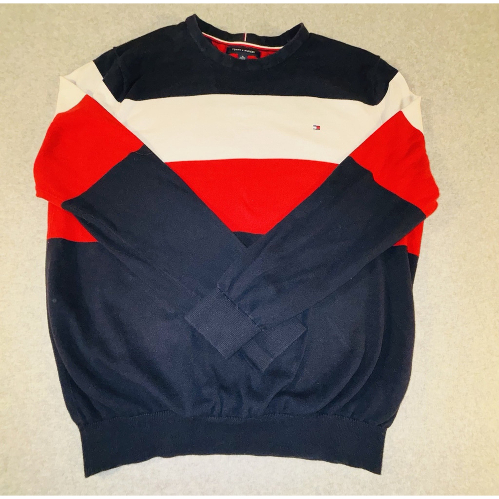 Tommy Hilfiger Mens XL Colorblock‎ Sweater Red White Blue Flag Logo Crewneck